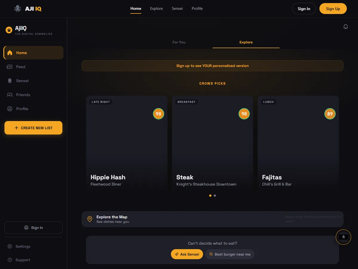 Aji IQ home screen showing the Crowd Picks grid: three featured dishes — Hippie Hash, Steak, Fajitas — scored 98, 98, and 89 across Late Night, Breakfast, and Lunch categories.