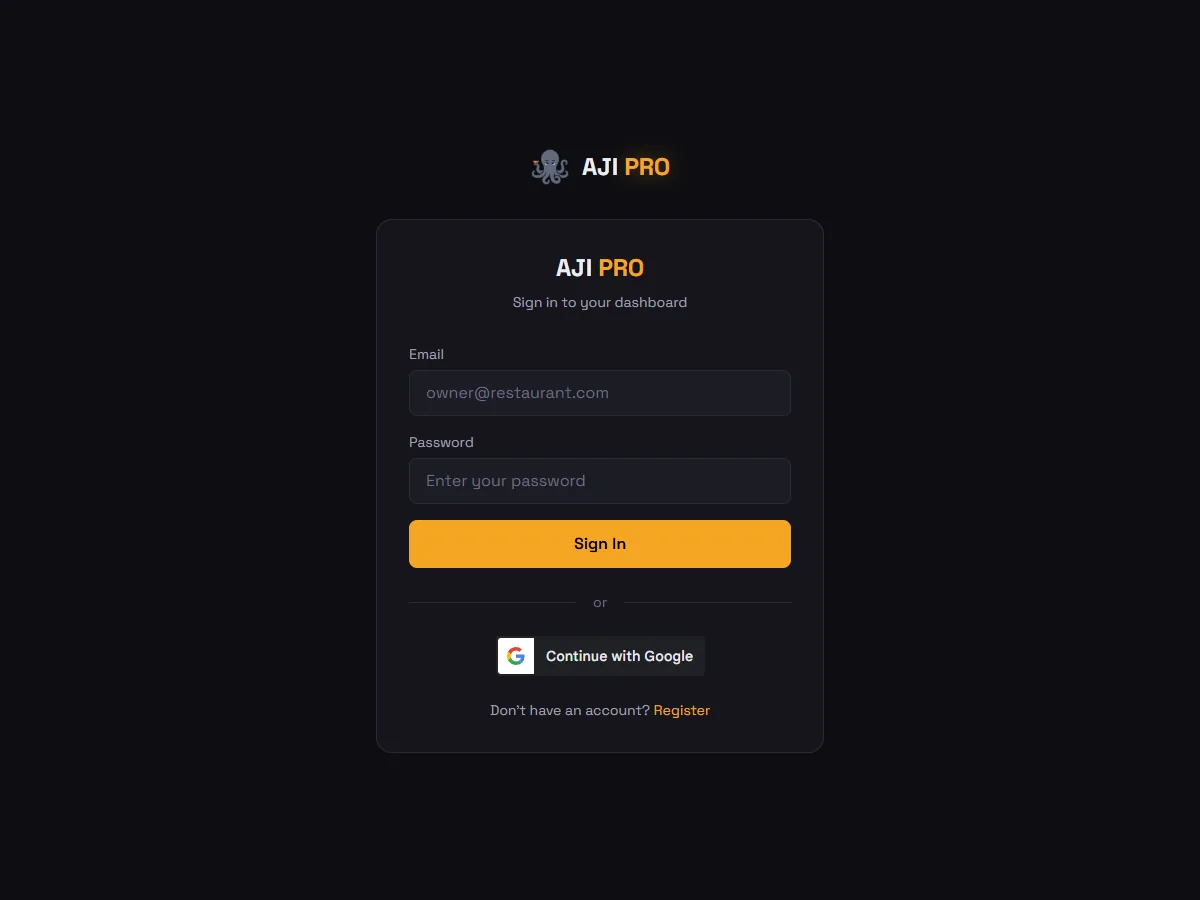 Aji PRO sign-in screen for the restaurant dashboard: email and password fields, Sign In button, and a Continue with Google option.
